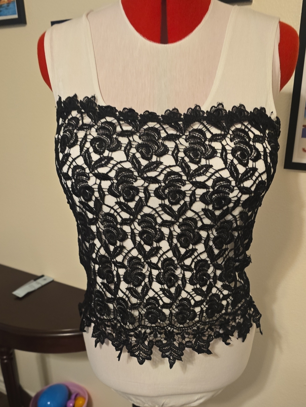 Maxima White Camisole with Black Floral Lace Overlay